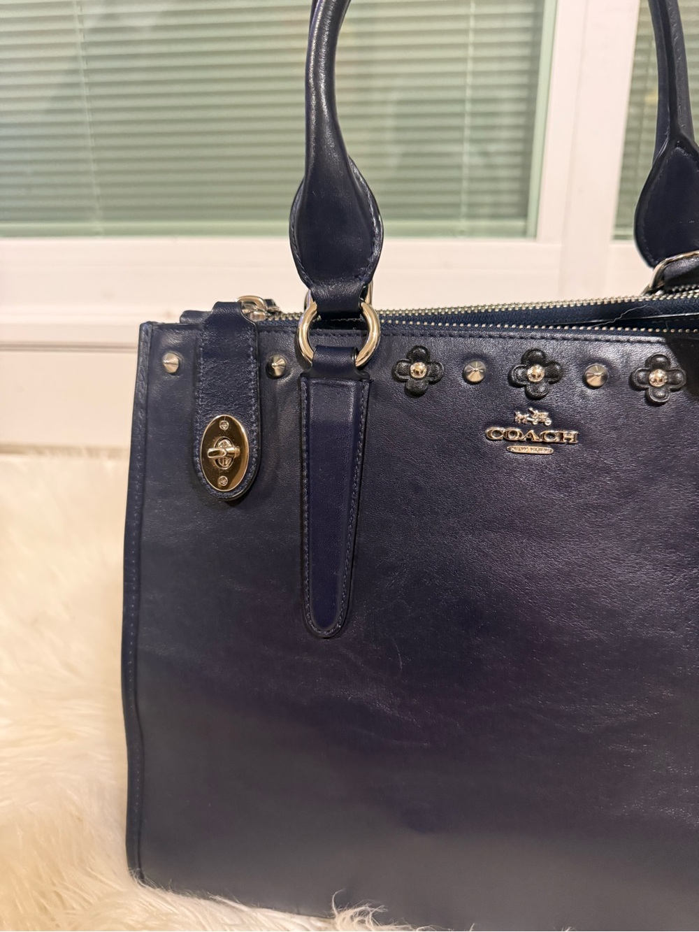 Coach Navy Leather Top-Handle Satchel - Picture 6 of 9